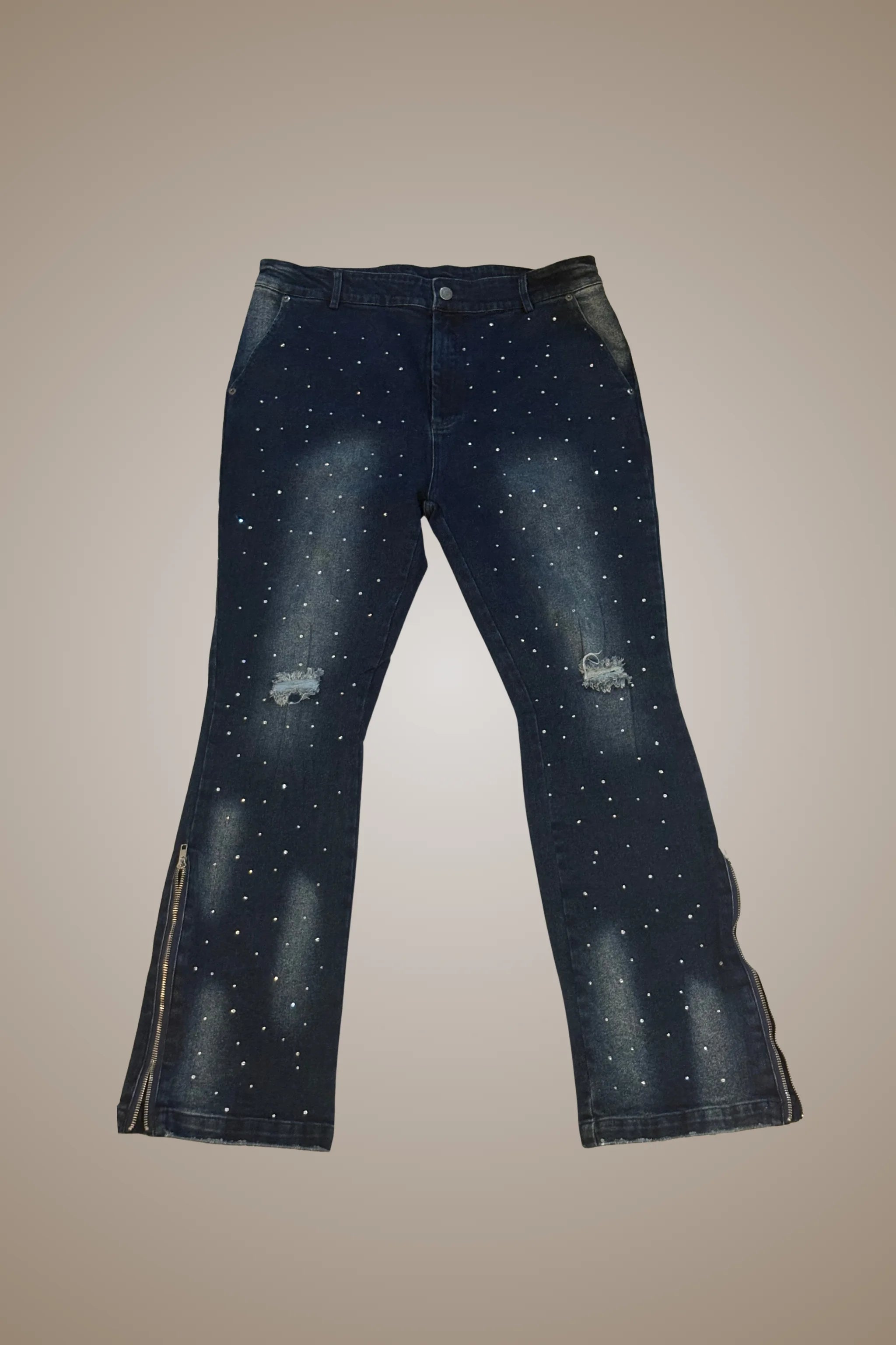 The Nocturne Flared Zipper Jean – Indigo Rhinestone Edition