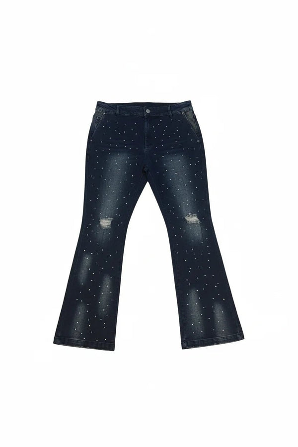 The Nocturne Flared Zipper Jean – Indigo Rhinestone Edition - Brand of Eyecons