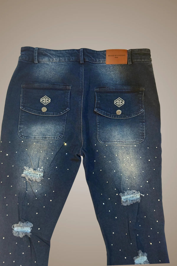 The Nocturne Flared Zipper Jean – Indigo Rhinestone Edition - Brand of Eyecons